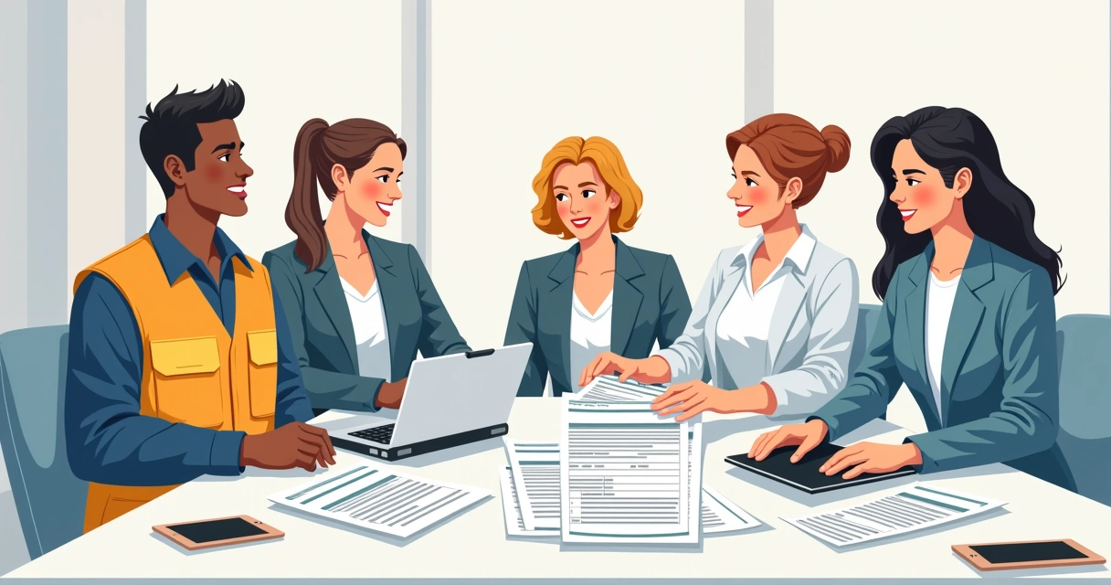 Equipe multissetorial reunida consultando ordem de serviço 