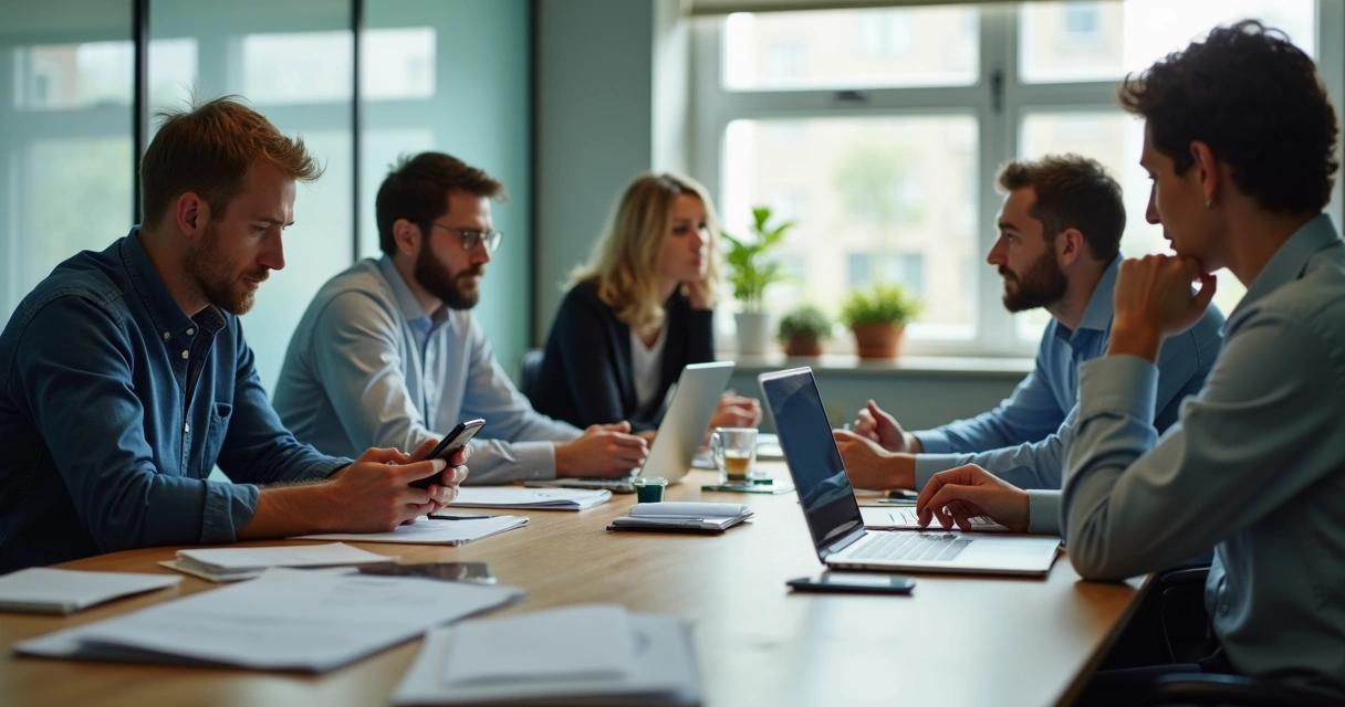 Colaboradores em mesa de reunião, cada um distraído com diferentes telas e papéis 