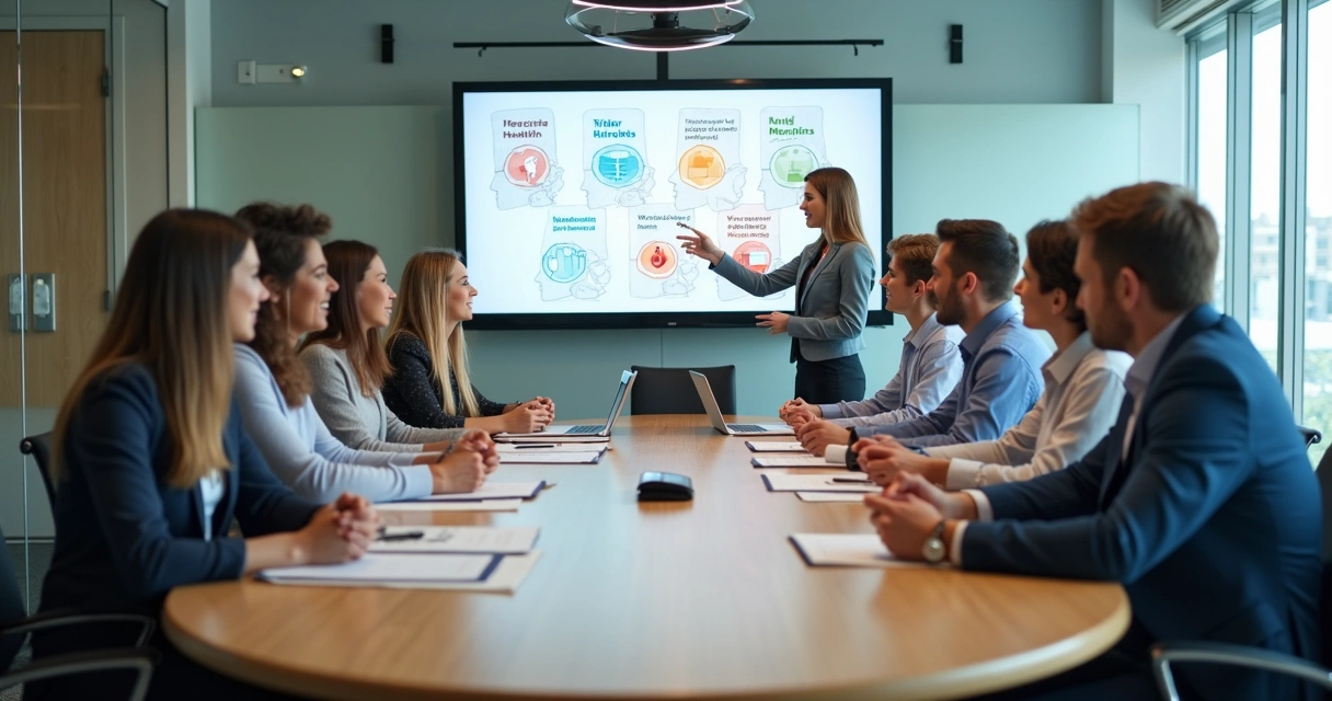 Equipe reunida em sala de reunião discutindo saúde mental