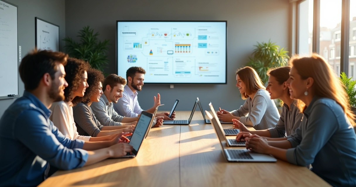 Equipe diversa usando computadores e tablets em ambiente de escritório moderno para automação de processos 