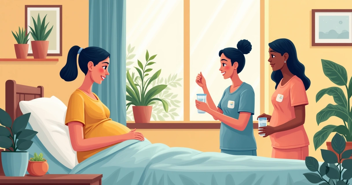 Equipe de apoio em parto humanizado, com doula, enfermeira obstétrica e acompanhante ao lado da gestante 
