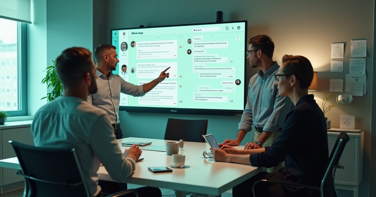 Profissionais discutindo frente a um grande monitor exibindo um chatbot no WhatsApp 