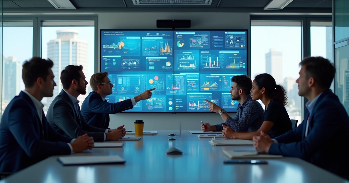Equipe empresarial discutindo integração de agentes de IA e analisando gráficos em ambiente moderno 