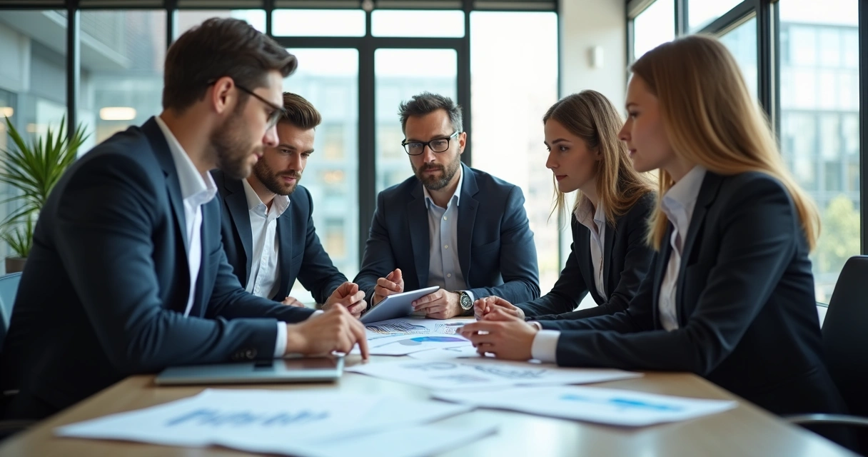 Equipe de pessoas apontando para gráficos em mesa de reunião 