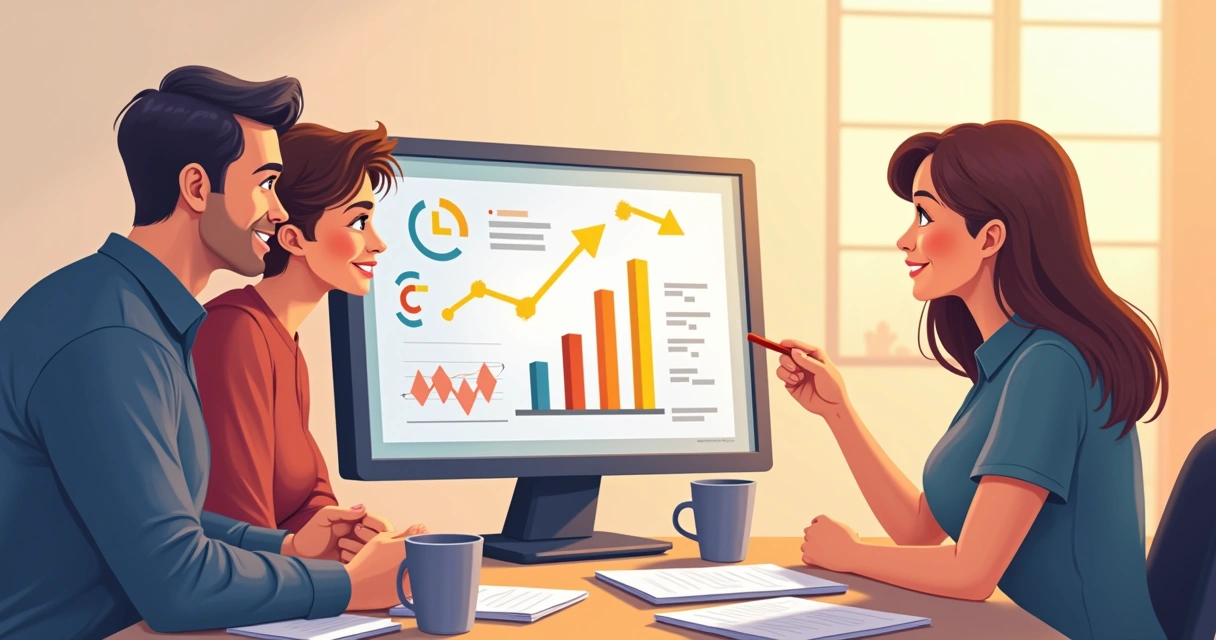 Equipe de pequenas empresas discutindo gráficos simples na tela 