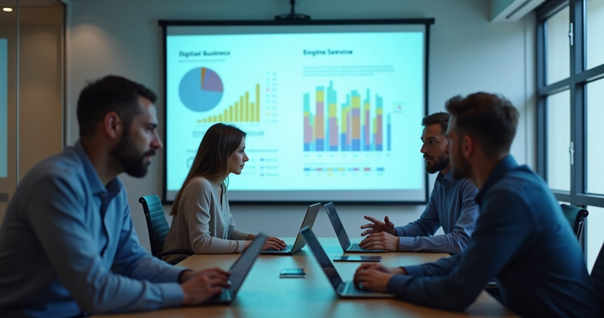 Equipe de negócios discutindo soluções tecnológicas em uma mesa com notebooks 