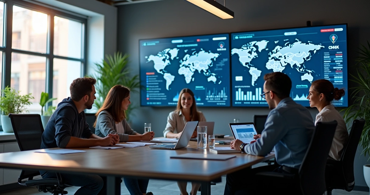 Equipe reunida planejando expansão de negócio digital em frente a telas com gráficos