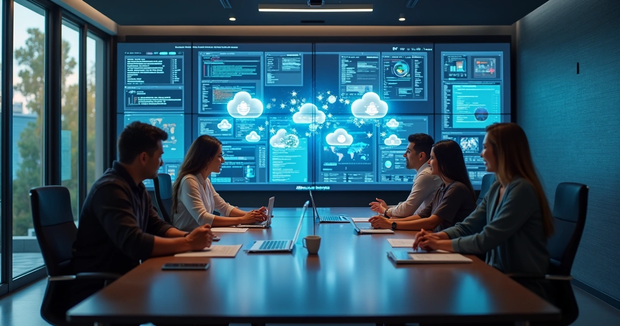 Equipe conectada a SaaS em reunião virtual 