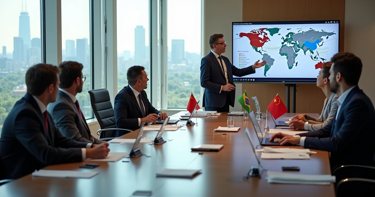 1 Equipe de empresários em reunião analisando documentos de exportação