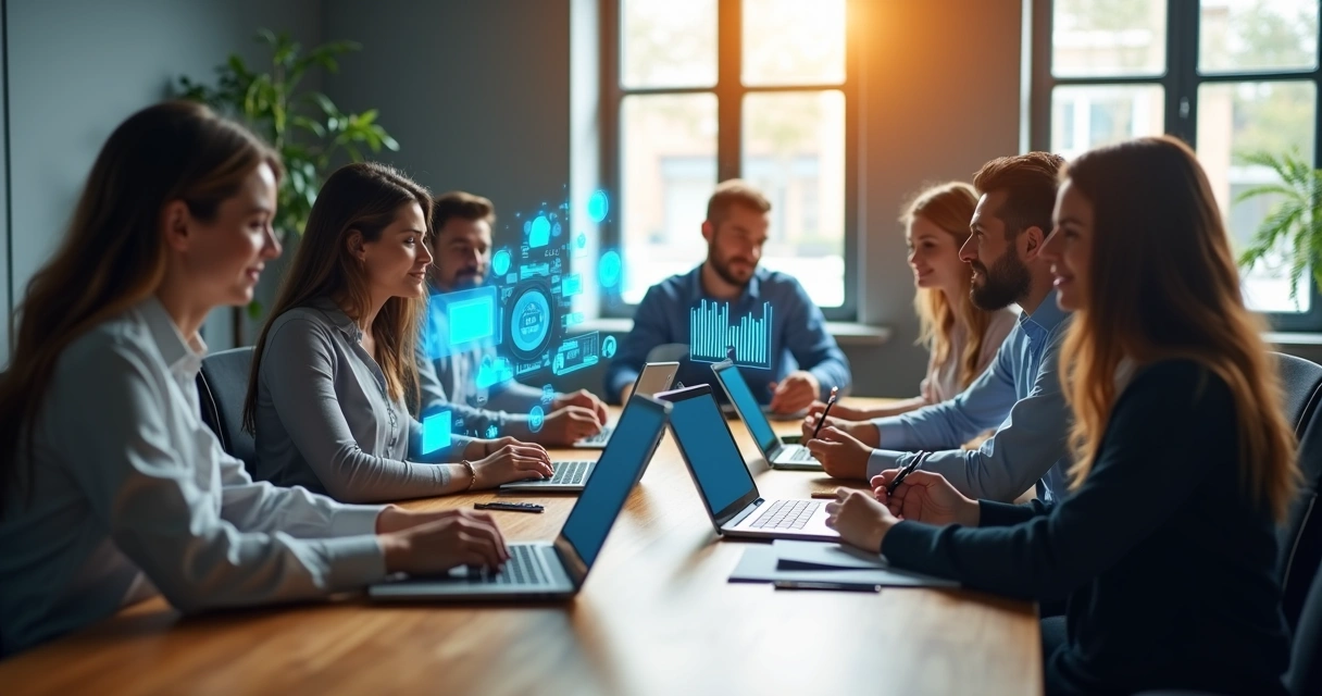 Equipe de negócio local usando computadores com ícones de nuvem e gráficos digitais