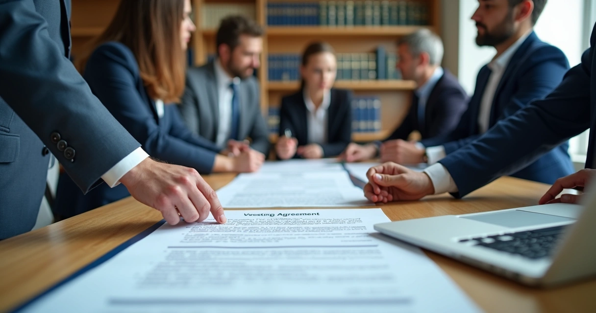 Equipe de negócios em reunião analisando contrato de vesting