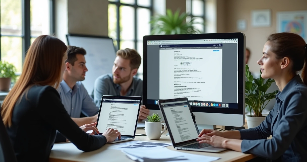 Equipe de escritório usando computadores com e-mails abertos