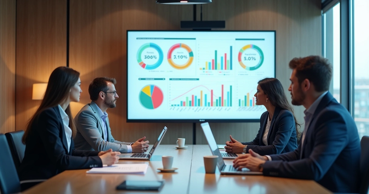 Equipe de negócios analisando KPIs em grande tela. 