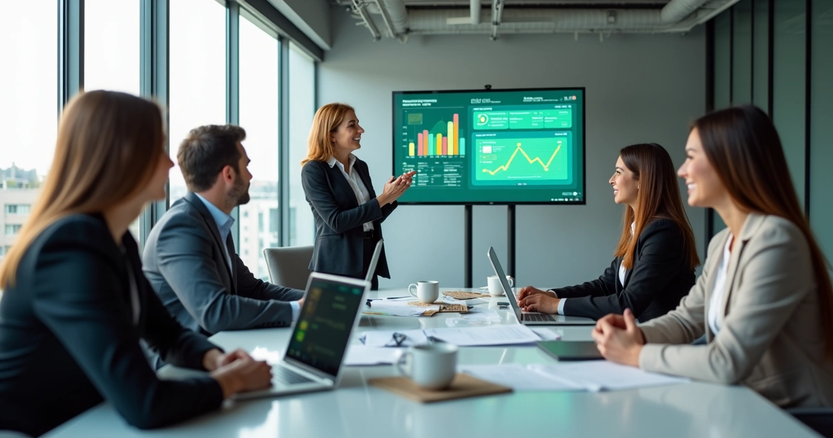 Equipe de trabalho em reunião aprovando a adoção de nova tecnologia no escritório moderno 