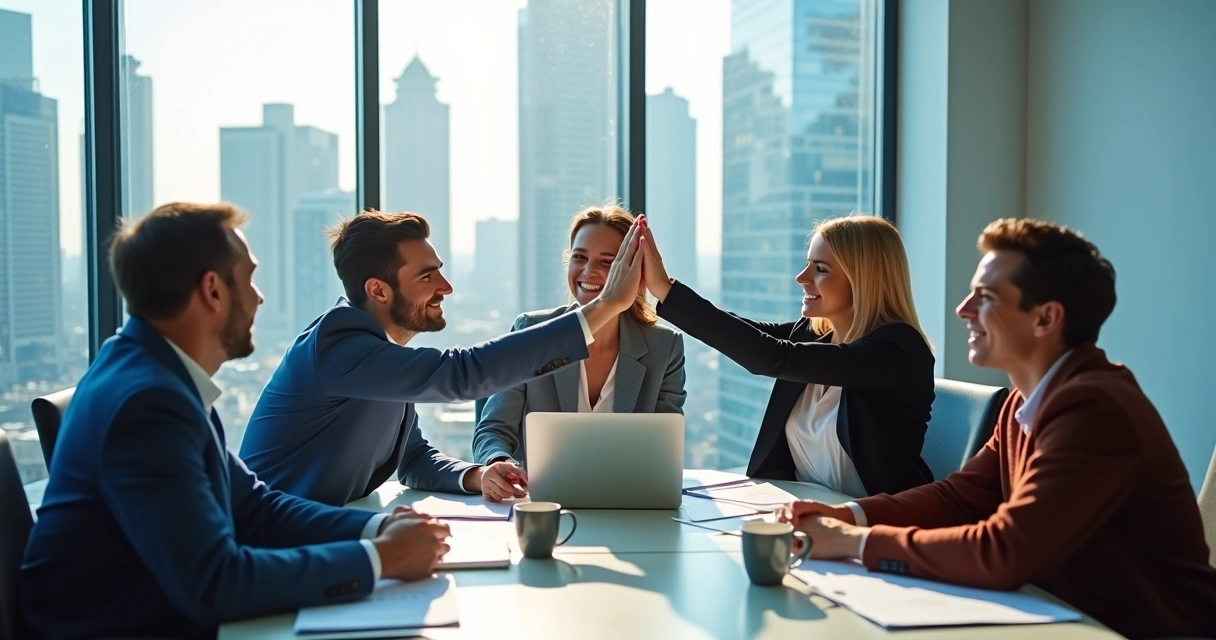 Equipe de negócios comemorando sucesso juntos após reunião. 