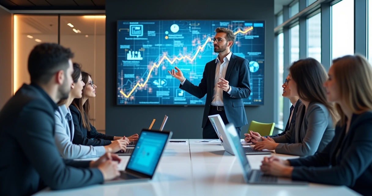 Time de colaboradores em reunião discutindo a digitalização de processos empresariais 