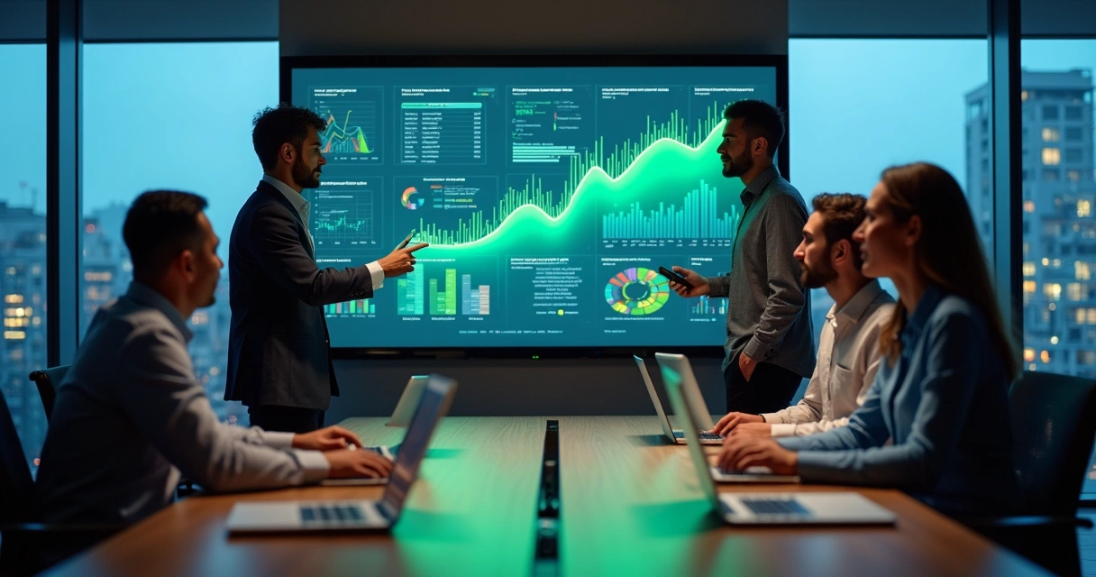 Equipe de negócios analisando painel de dados colorido em grande tela 