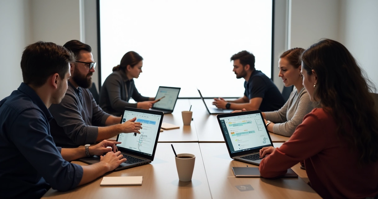Equipe de consultores BALTAZZAR trabalhando junta com notebooks abertos no Notion 