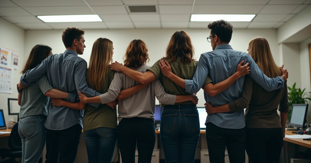 Equipe reunida abraçada em clima de despedida 