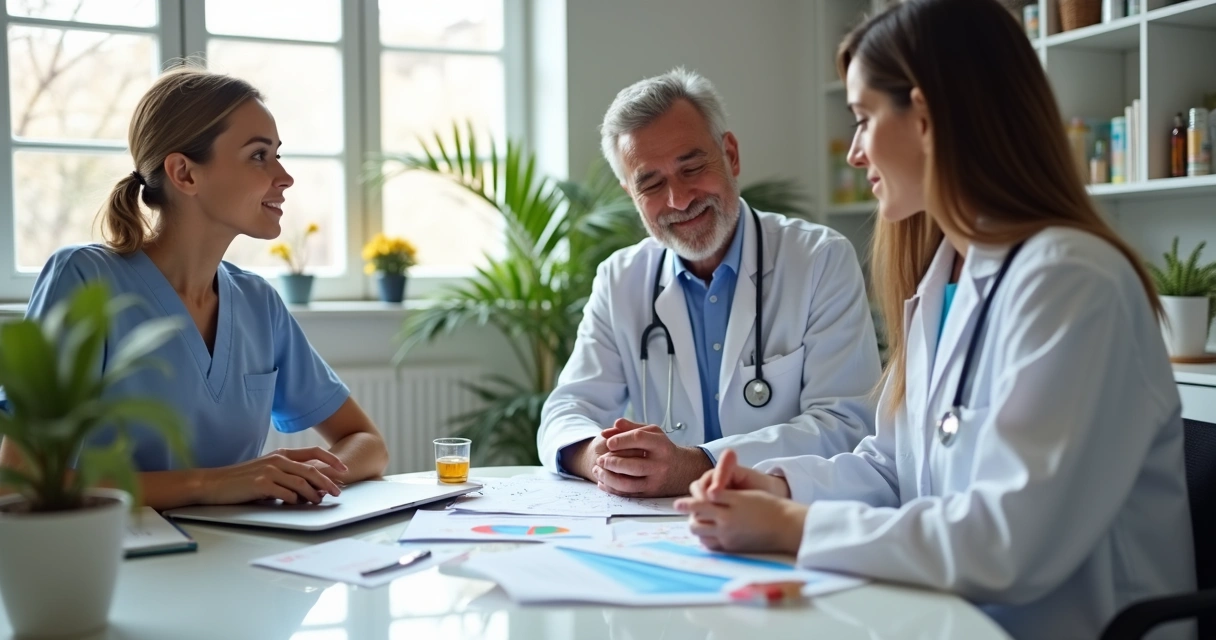 Equipe multidisciplinar de nutrologia reunida em consultório