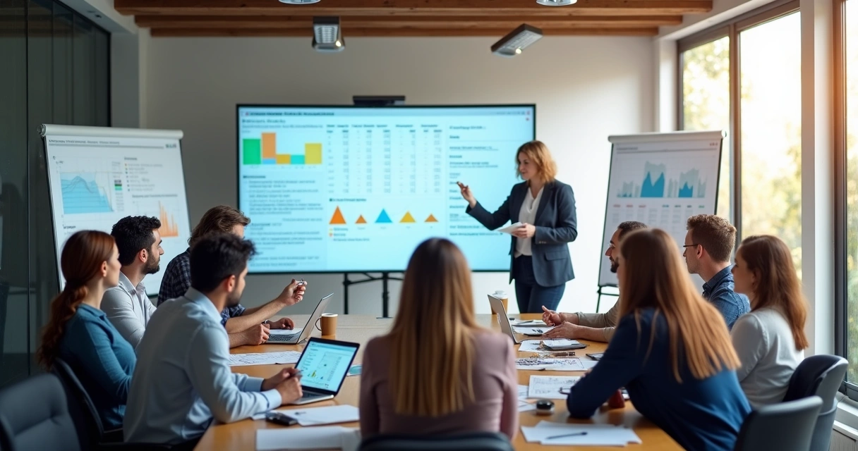 Equipe reunida debatendo objetivos e metas em sala espaçosa