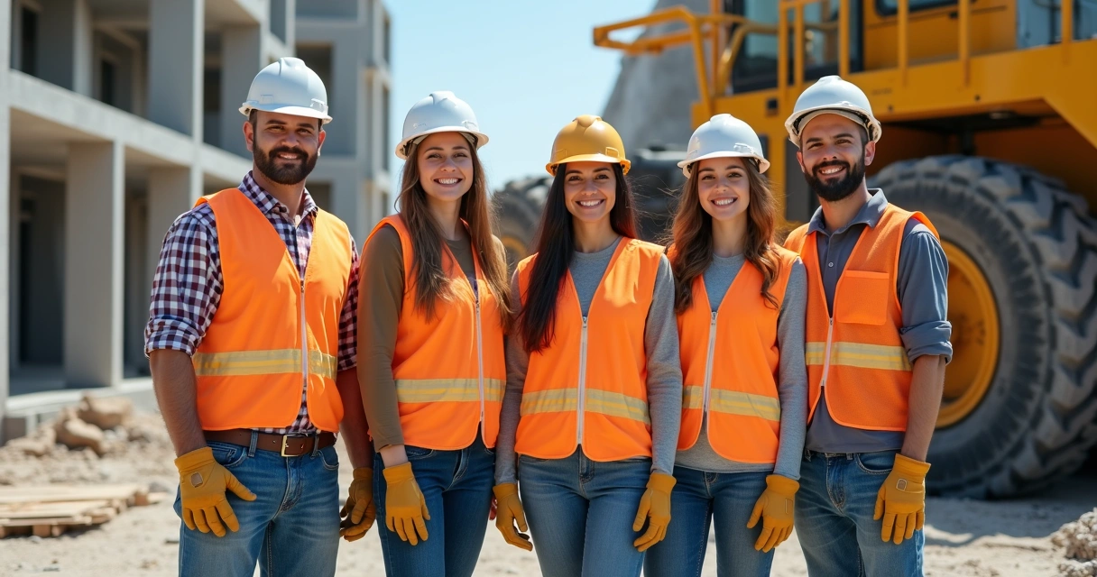 Equipe de obra equipada com EPIs em frente ao prédio em construção