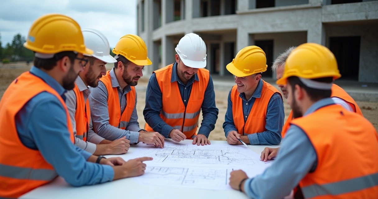 Equipe de obra discutindo projeto ao redor de mesa com blueprints