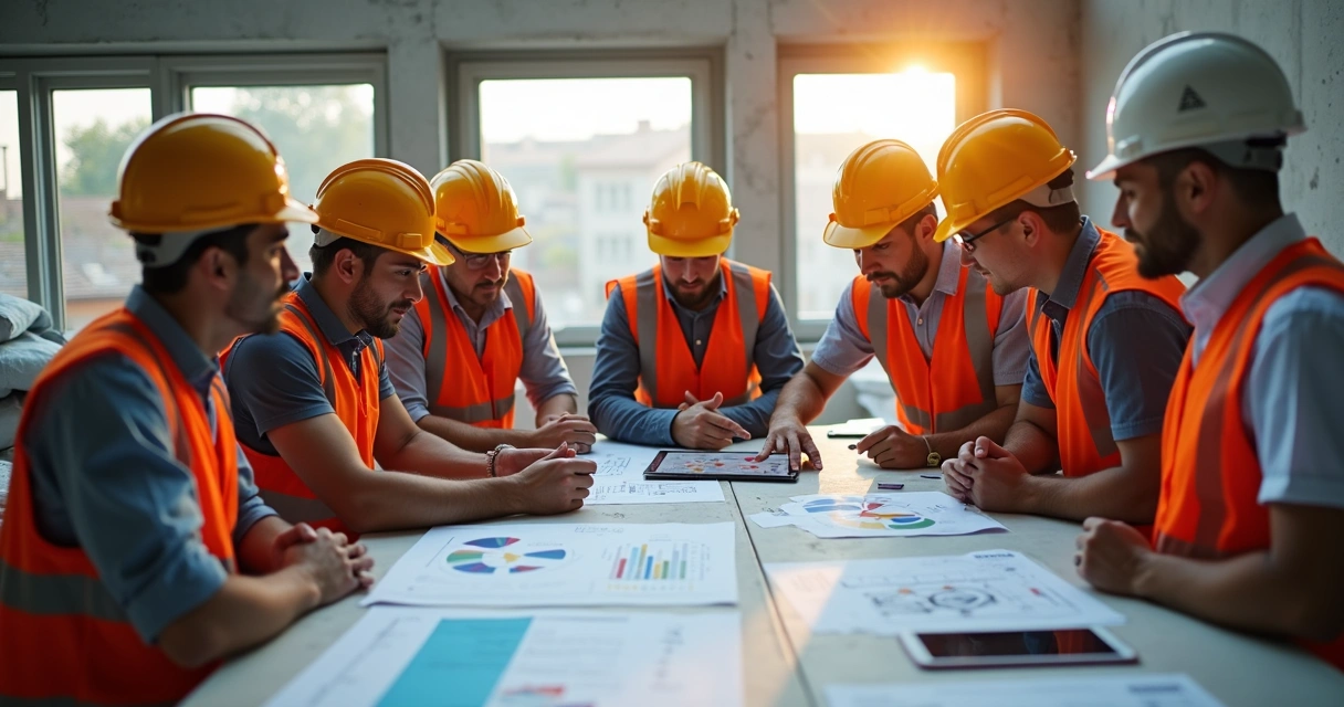 Equipe de obra reunida em canteiro analisando gráficos em tablet e quadro branco. 