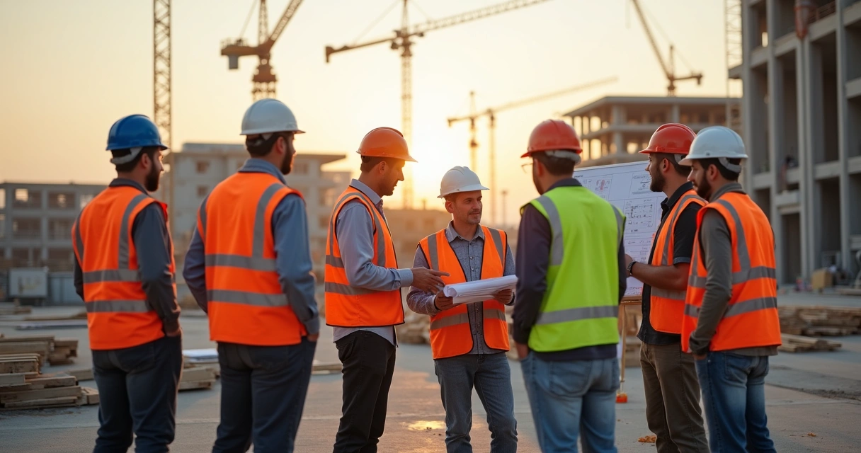 Reunião diária de equipe no canteiro 