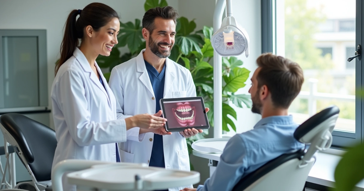 Equipe odontológica conversando com paciente no consultório moderno 