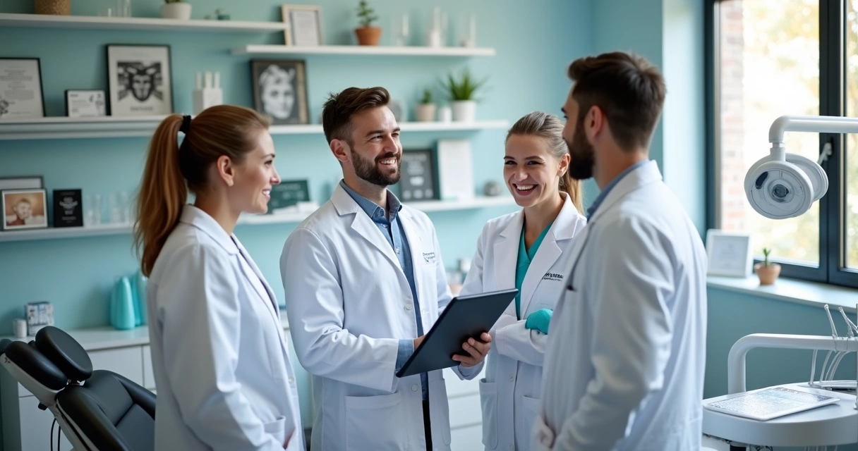 Equipe odontológica reunida em frente às cadeiras de atendimento 
