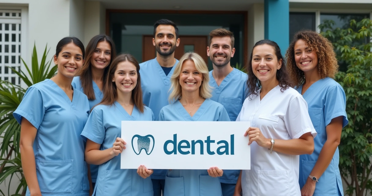 Equipe odontológica em frente à clínica referenciando bairro 