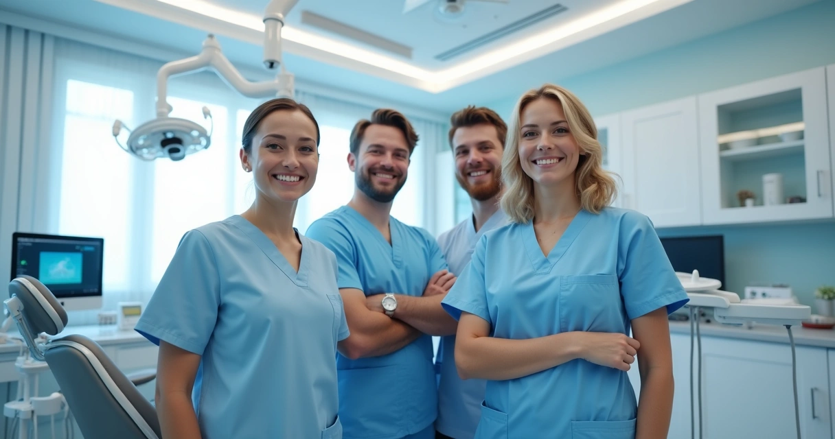 Equipe odontológica em clínica moderna com tecnologia de ponta 