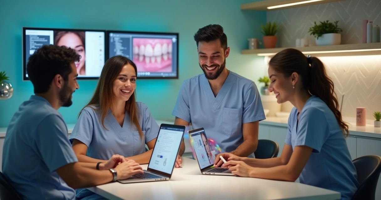 Equipe odontológica brasileira sorrindo e produzindo conteúdo digital. 