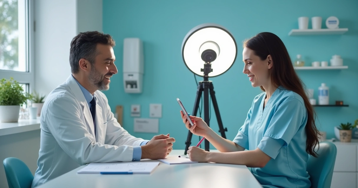 Equipe odontológica gravando conteúdo profissional para redes sociais
