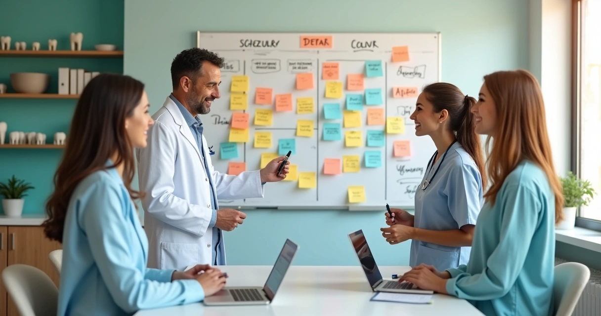 Equipe de clínica odontológica organizando tarefas em quadro colorido 