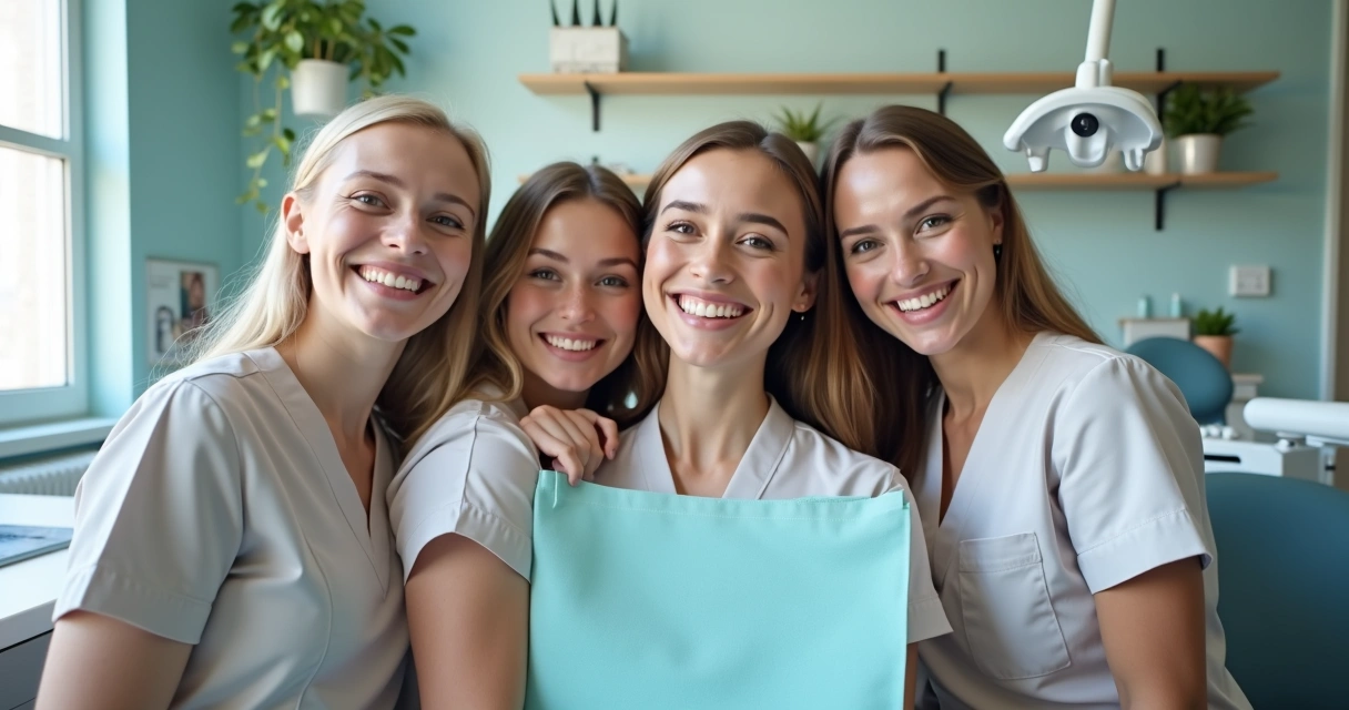 Equipe odontológica tirando foto sorrindo para redes sociais 