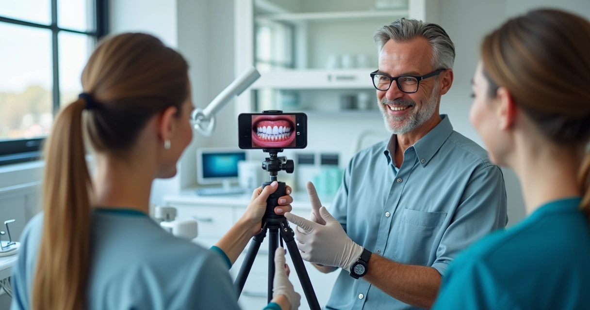 Equipe odontológica gravando vídeo para redes sociais em consultório 
