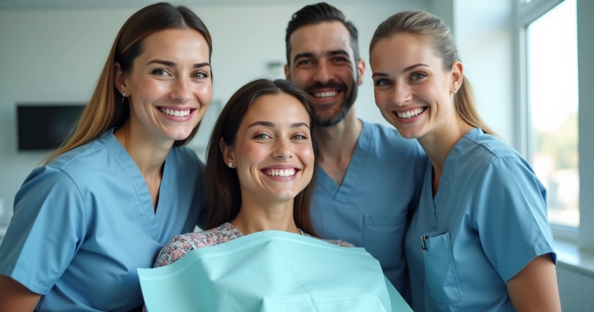 Equipe de dentistas sorrindo em consultório humanizado 