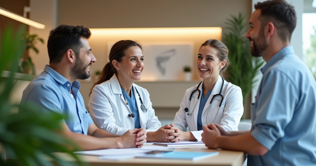 Equipe odontológica reunida em recepção da clínica sorrindo