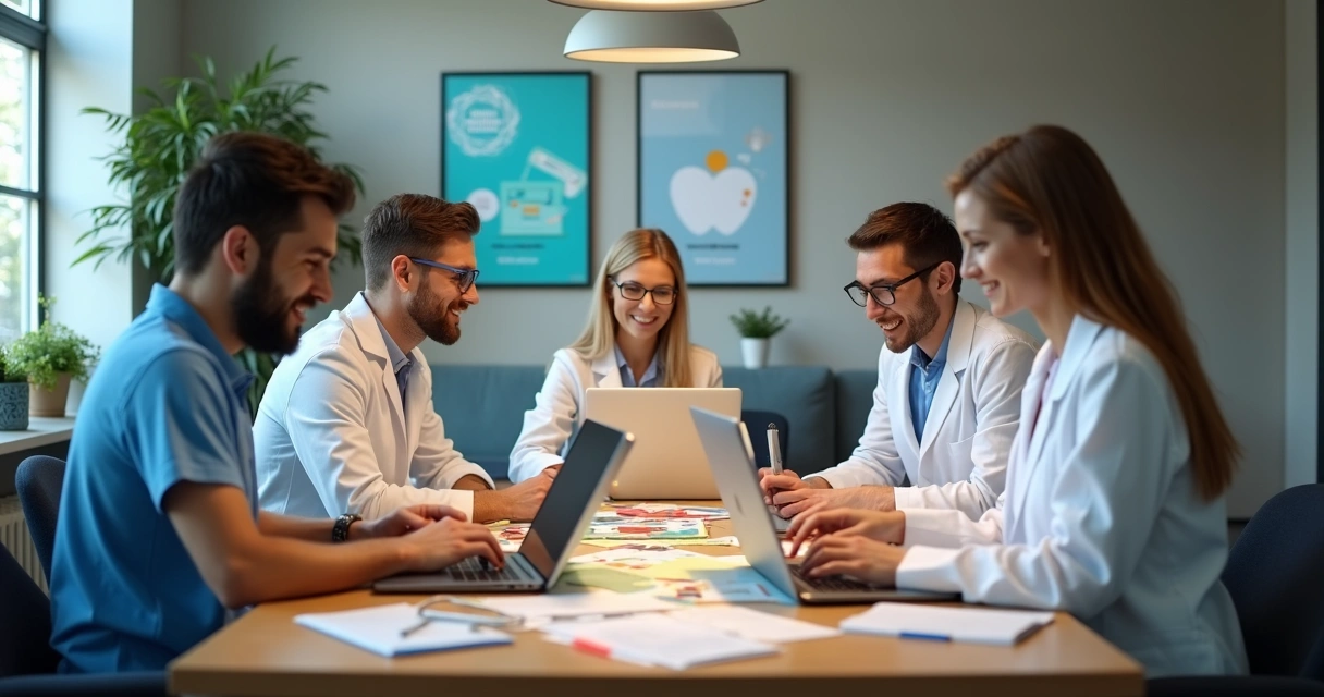 Equipe odontológica reunida em sala moderna planejando conteúdo de marketing digital com WhatsApp e materiais educativos 
