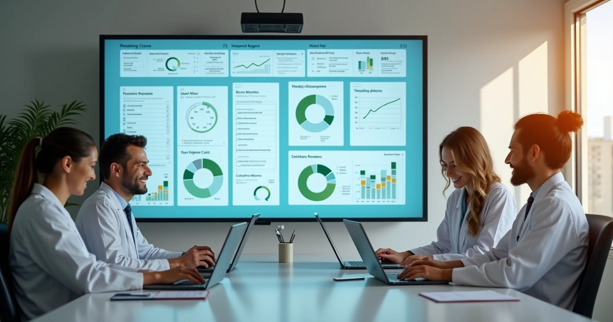 Equipe odontológica e administrativa organizando demandas diárias em clínica moderna, com agenda digital e checklists na tela 