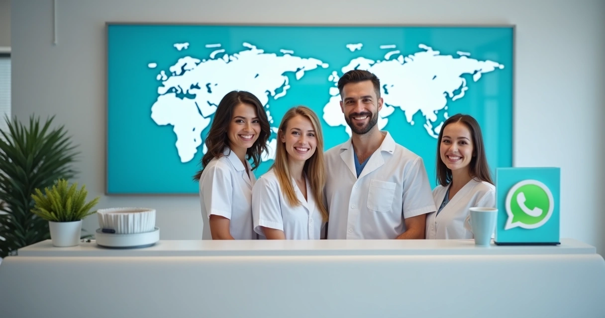Equipe odontológica em recepção de clínica moderna