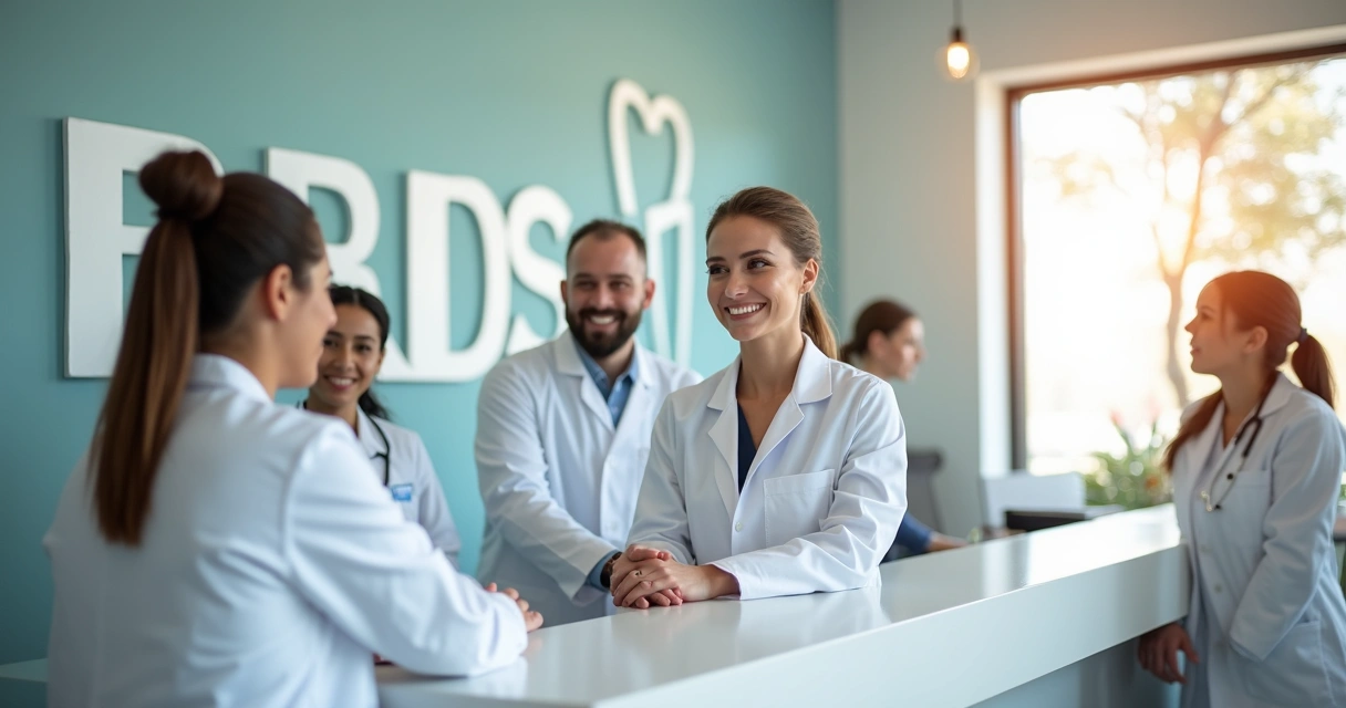 Equipe odontológica sorridente na recepção