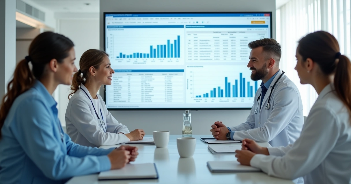 Equipe de clínica odontológica em reunião com dados de marketing 