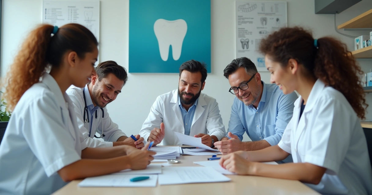 Equipe de dentistas reúne-se ao redor de uma mesa discutindo documentos 