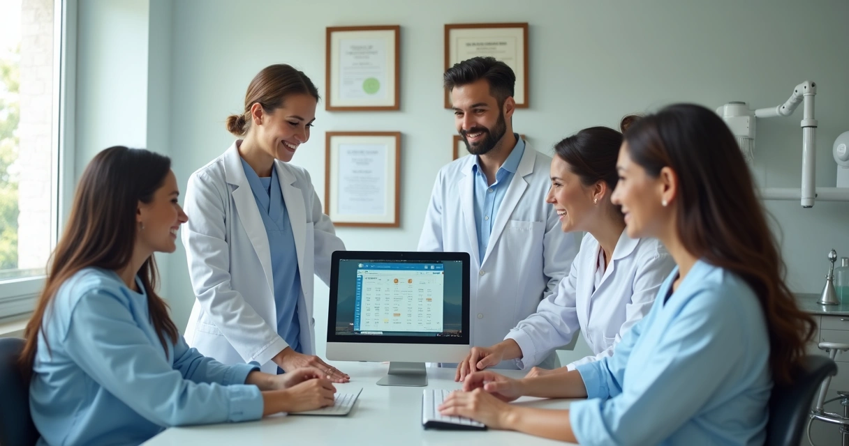 Equipe odontológica sorrindo diante de computadores e agenda digital