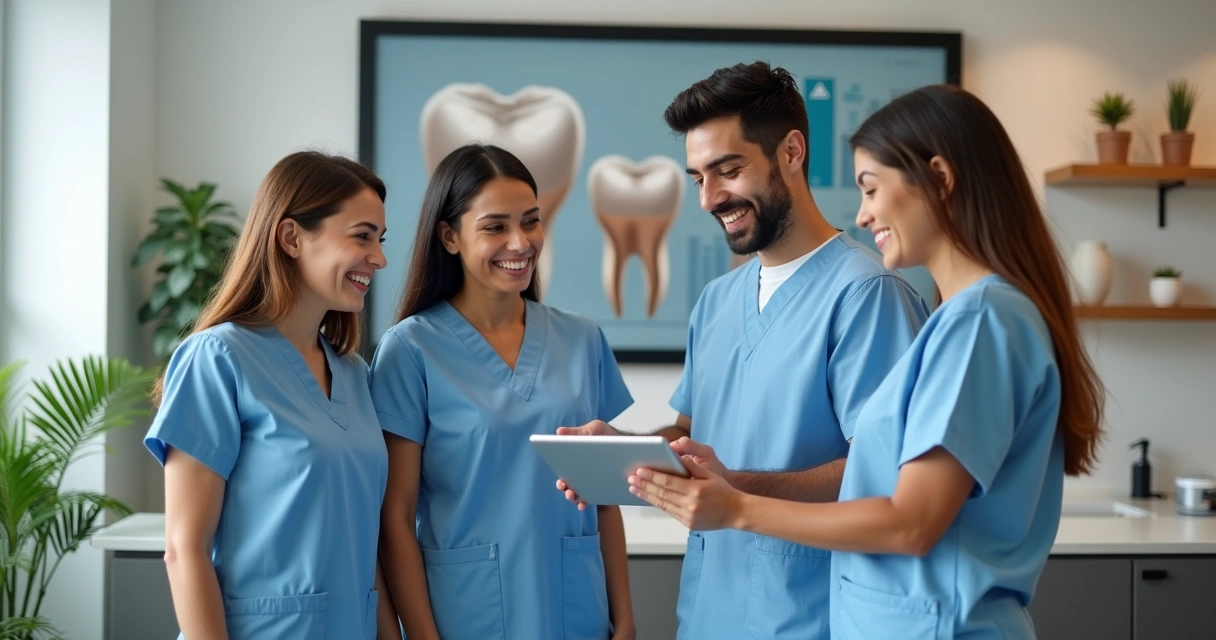 Equipe de clínica odontológica satisfeita com resultados digitais 