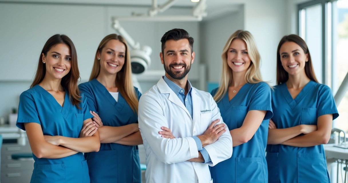 Equipe odontológica sorrindo em clínica 