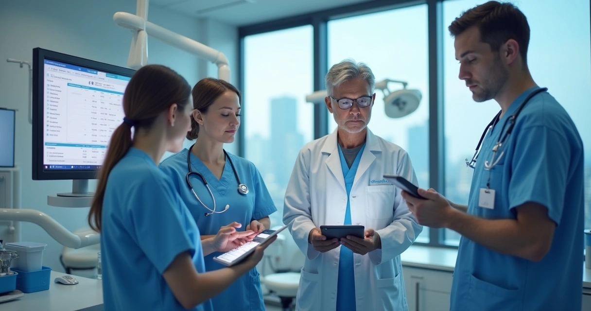 Equipe odontológica usando tecnologia digital na clínica 